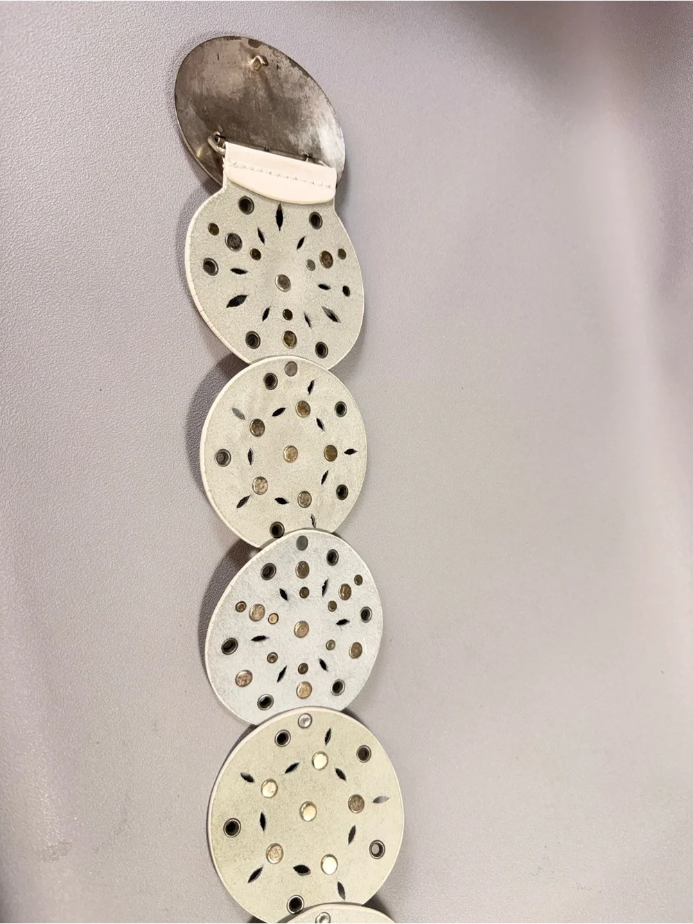Vintage White Leather Wide Decorative Disc Belt with Silver Accents
